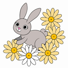 A Rabbit hopping through a field of blooming vector illustration