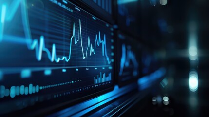 Fototapeta premium Dynamic Financial Data Visualization on Multiple Digital Screens in a Modern Office Environment