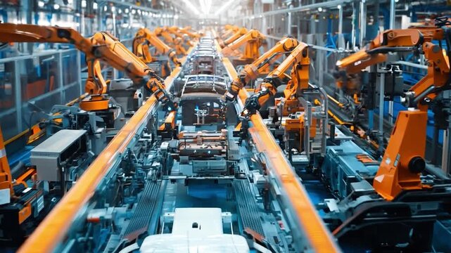 Rows of robots working in sync on a car assembly line, showcasing modern production technology.