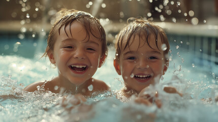 two cute 3 year old white boys smiling happily and excitedly playing in the pool Drops of water splashed all around. Water was blue.