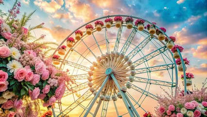 Floral Ferris Wheel: Ferris wheel, blooming flowers, pastel colors, serene, feminine