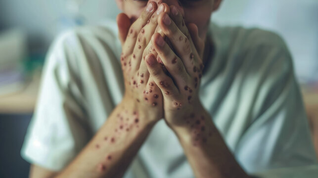 man's hands covered with rash, abscesses, wounds, pimples, monkeypox, smallpox, disease, hospital, treatment, person, people, skin, medicine, male, infection, virus, symptoms, enterovirus, parvovirus