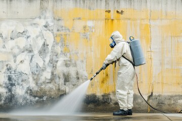 Worker equipped with safety gear and breathing mask is removing spray paint from a brick wall using an efficient water jet cleaning method