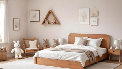 A cozy children's bedroom with a wooden bed frame, a plush white stuffed animal, and a minimalist wall decor with a simple frame.