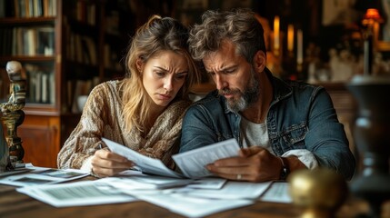 Fototapeta premium A couple sitting at a table with financial documents spread out