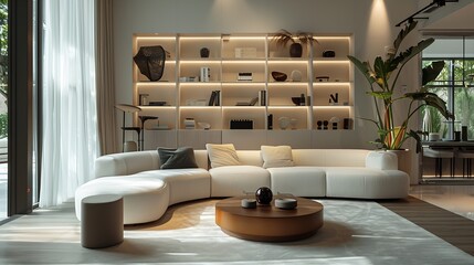 Fashion furniture inside modern light living room with white sofa builtIn bookcase with shelves armchair no people Design interior ideas furnishing store new realestate rent property c : Generative AI