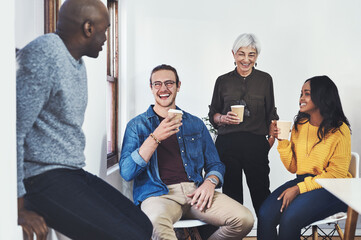 Coffee, startup and business people in office talking for meeting, conversation and discussion on break. Creative company, team and men and women with drink for rest, relax and chill in workplace