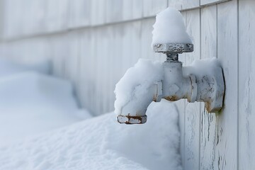 Frozen Faucet Surrounded by Snow in a Winter Landscape