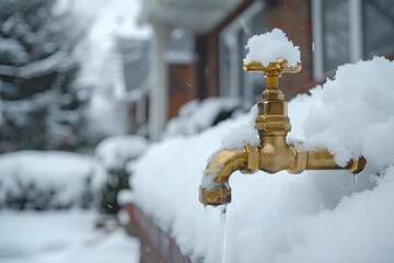 Winter Scene with a Snow-Covered Outdoor Faucet Dripping Water