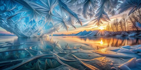 Fototapeta premium Frozen Tapestry: Intricate patterns, layered ice formations, iridescent reflections, serene atmosphere