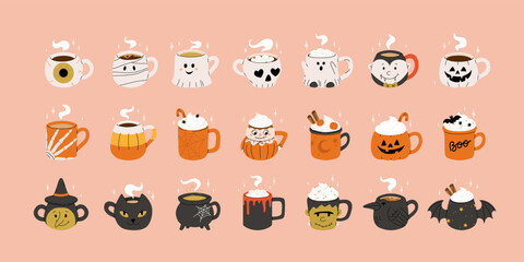 Vector collection of cute Halloween mugs. Hot cocoa with marshmallow, coffee and tea cups with cute faces, ghost, pumpkin, witch black cat and skull. Flat cartoon illustration on pink background