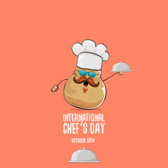 International chef day vector greeting card. vector funny cartoon tiny brown smiling chef potato with hat isolated on peach color background. Potato character
