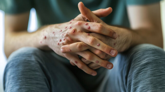 man's hands covered with rash, abscesses, wounds, pimples, monkeypox, smallpox, disease, hospital, treatment, person, people, skin, medicine, male, infection, virus, symptoms, enterovirus, parvovirus