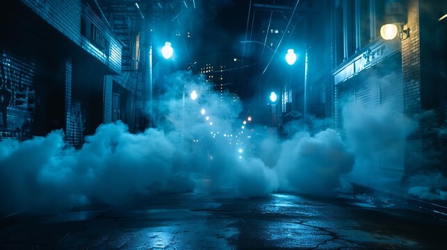 Dark street of the night city Dark blue background an empty dark scene neon spotlights reflecting on the asphalt floor and a studio room with smoke floating up a night view the city : Generative AI