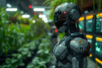 Fototapeta premium AI robots monitoring crops and drones in fields