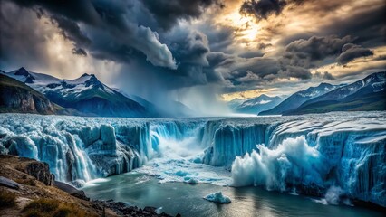 Fototapeta premium Glacial Embrace: Ominous grays, towering dams, threatening icicles, overwhelming force