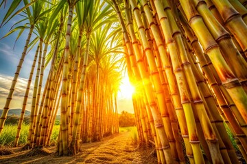 Golden Bounty: Ripe sugarcane stalks glistening in the sun, vibrant golden hues, abundance concept, technical detail.