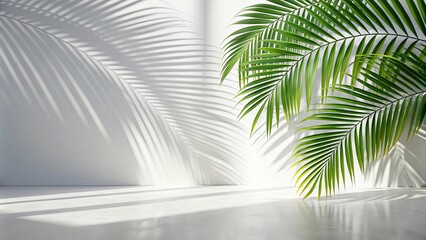 Palm leaf shadows creating patterns on a white wall and floor , palm leaf, shadows, patterns, light, wall, floor, tropical