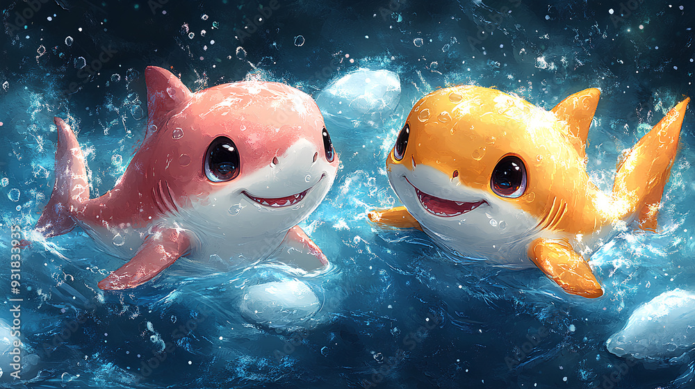 Poster illustration of two cute baby sharks on the background surface