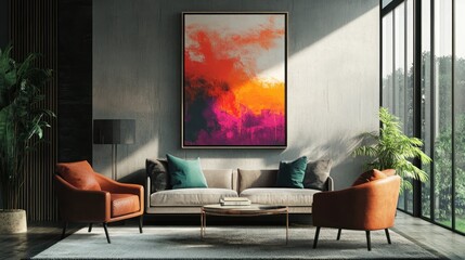 Modern Living Room with Abstract Art, Leather Chairs, and a View