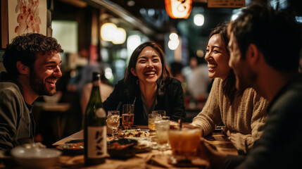 Tourists or international exchange group, men and women laughing happily in a Japanese izakaya