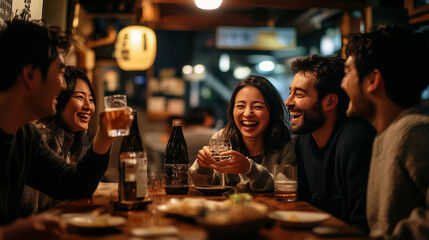 Tourists or international exchange group, men and women laughing happily in a Japanese izakaya