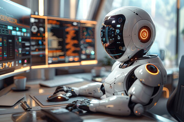 Fototapeta premium AI robot streamlines office tasks