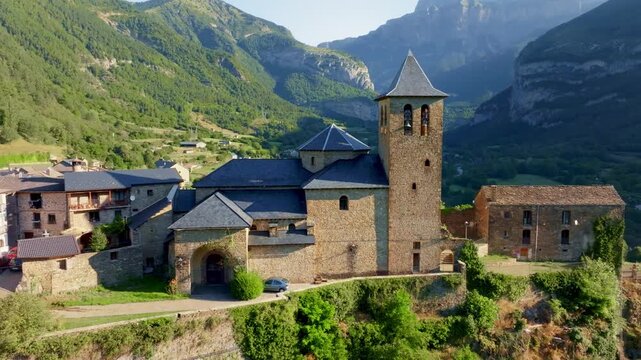 Spanish Pyrenees drone view, medieval Spanish village of Torla drone view, mountains in Spain, hiking and tourism in Ordesa and Monte Perdido National Park, Pyrenees