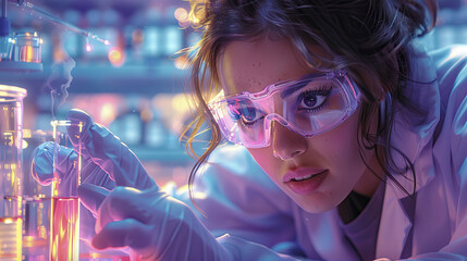 Female scientist analyzing test tube in lab