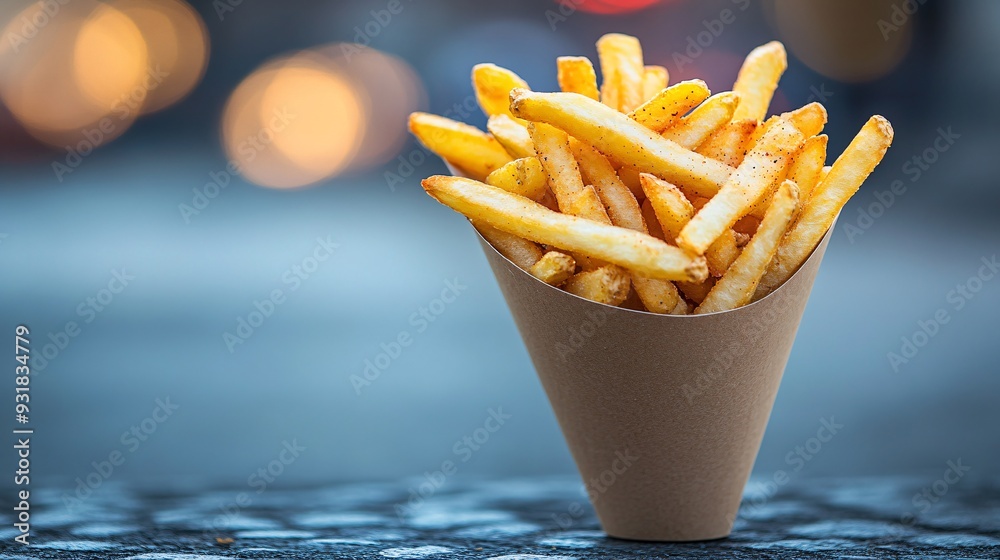 Poster a dramatic side angle shot of french fries served in a sleek metal cone with a blurred background em