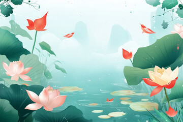 Beautiful waterlily and red fish in the pond.