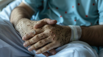man's hands covered with rash, abscesses, wounds, pimples, monkeypox, smallpox, disease, hospital, treatment, person, people, skin, medicine, male, infection, virus, symptoms, enterovirus, parvovirus