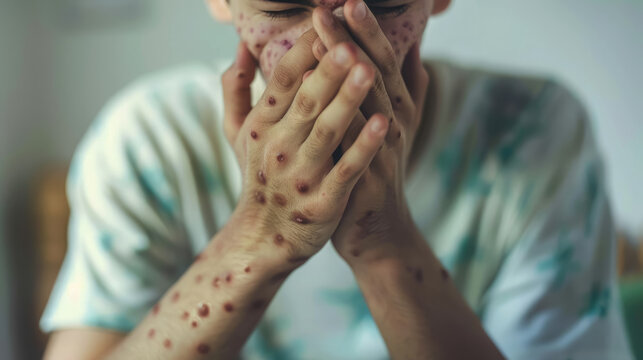 man's hands covered with rash, abscesses, wounds, pimples, monkeypox, smallpox, disease, hospital, treatment, person, people, skin, medicine, male, infection, virus, symptoms, enterovirus, parvovirus