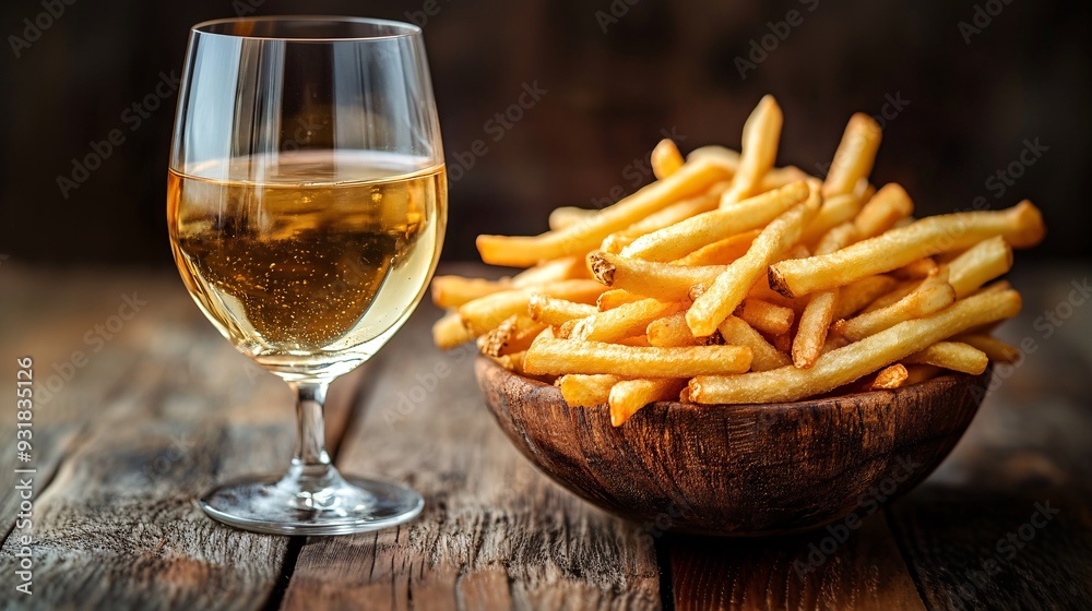Poster a side view of french fries being served in a high-end restaurant setting with a wine glass in the b