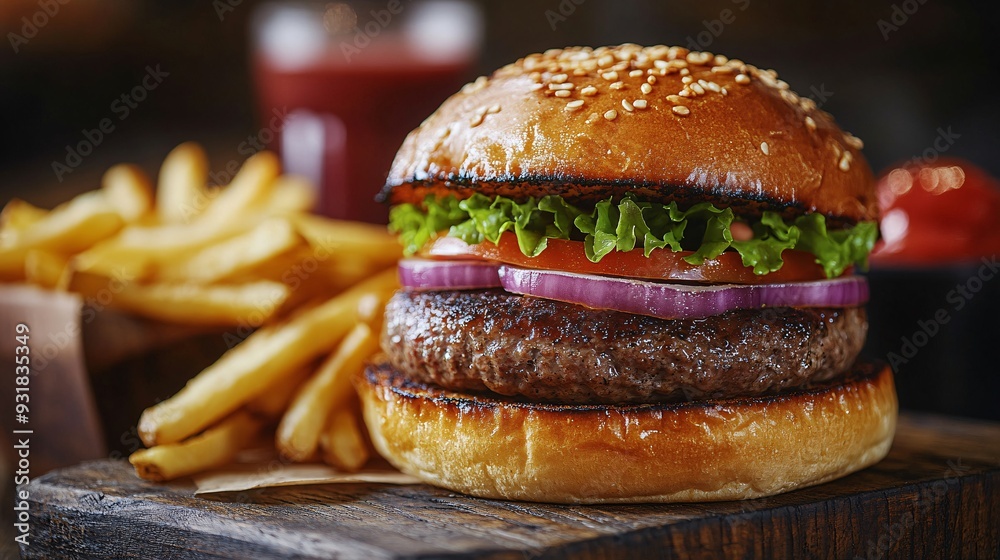 Poster A premium shot of French fries displayed in a sophisticated setting with a gourmet burger in the background slightly out of focus adding depth to the image Camera lens 50mm Stock Photo with copy space