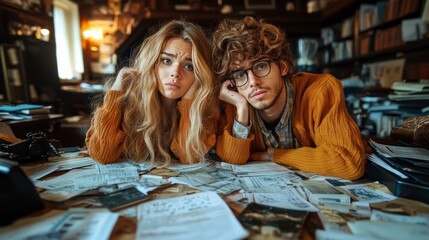 A couple with stressed expressions, holding hands but surrounded by bills and debt, realizing their income can't offset their expenses, adding strain to their relationship