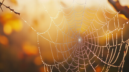 spider web with dew drops on the background of autumn forest