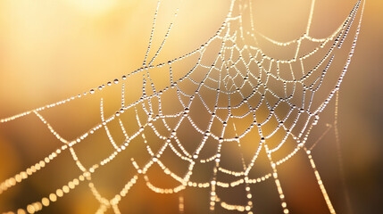 spider web with dew drops at sunrise, close-up