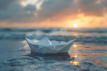 Serene Sunset with a Paper Boat Floating on Calm Waters