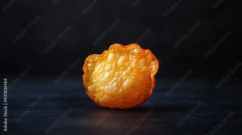 Poster A detailed macro shot of a single potato chip with visible seasoning and crispy edges against a minimalist dark background showcasing the chip's texture Camera lens 50mm studio shot for Hi-end