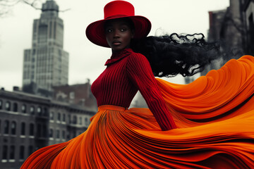 Fashion portrait of a confident woman in a flowing orange dress and wide-brim hat