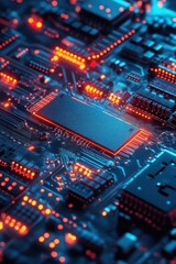 Fototapeta premium Close-up of a Modern Microchip on a Circuit Board with Glowing Red and Blue Lights