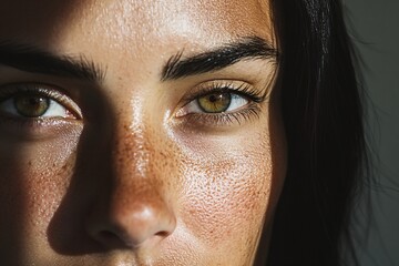 Close-up of intense eyes with golden sunlight. Artistic portrait style. Strong women and breast cancer awareness concept. Design for empowerment campaigns and health initiatives