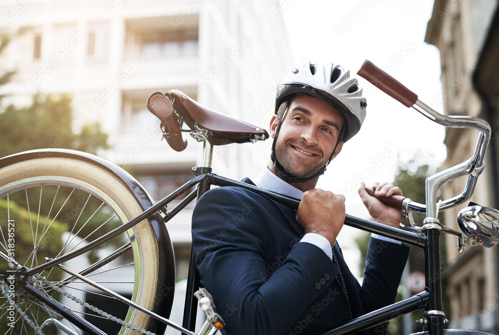 Poster Businessman, carry bicycle and smile in city for commute, budget friendly transport or eco awareness. Happy, male professional or bike on sidewalk for sustainable travel with reduced carbon footprint