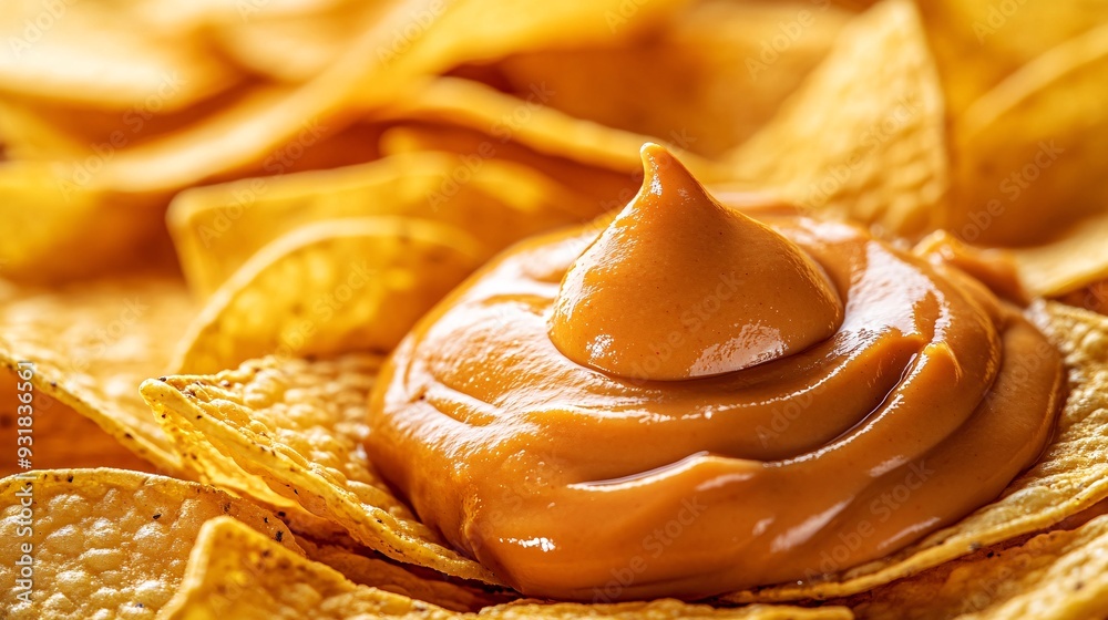 Poster a dramatic close-up of potato chips being dipped into a smooth sauce with the focus on the chip and 