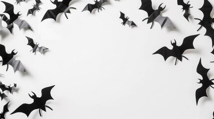 Fototapeta premium A Spooky and Creative Halloween Decorations Concept Featuring Black Spiders and Bats on a Crisp White Background, Perfect for Capturing the Spirit of the Season in a Flat Lay Design.