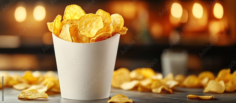 Poster a stylized shot of potato chips scattered across a white surface with a minimalist dip container nea
