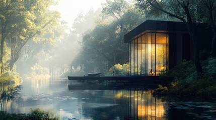 Fototapeta premium Glass Cabin on a Misty River in a Forest
