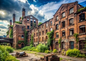 Industrial Abandonment: Derelict factories with crumbling brick facades, overgrown machinery, and a sense of desolation and abandonment.