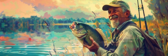 A joyful fisherman holds a large, shiny fish while standing near a tranquil lake at sunset, celebrating a successful day of fishing. Generative AI